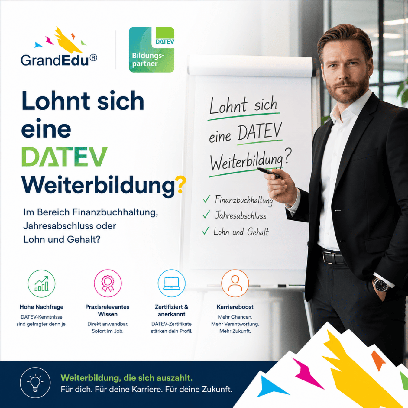 💚 Lohnt sich eine DATEV-Weiterbildung? Unsere klare Antwort: Ja – wenn du im Finanzwesen nicht nur mitarbeiten, sondern mitgestalten möchtest.