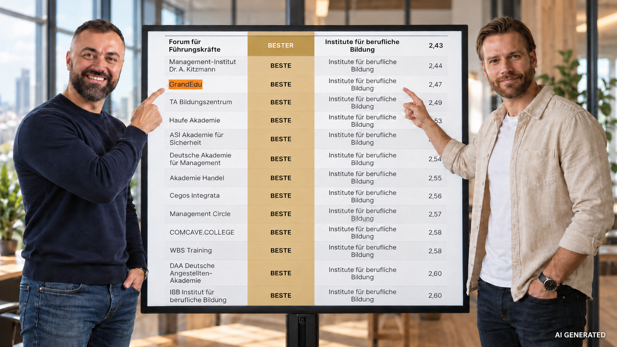 GrandEdu wird im WirtschaftsWoche-Ranking 2026 für digitale Bildungsangebote mit „BESTE“ ausgezeichnet. Erfahre, was uns bei Weiterbildung wichtig ist.