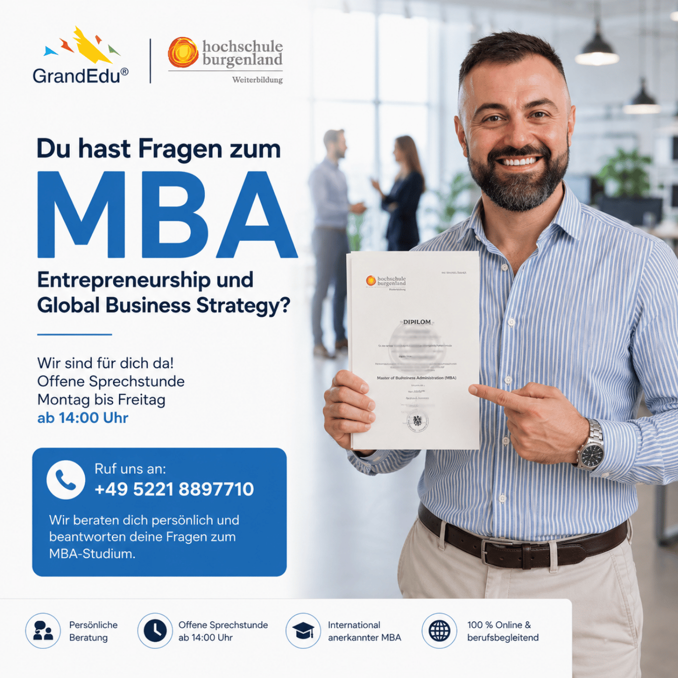 🎓 Du interessierst dich für den MBA Entrepreneurship and Global Business Strategy? Wir sind persönlich für dich da!