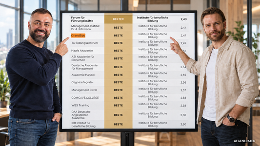 GrandEdu wird im WirtschaftsWoche-Ranking 2026 für digitale Bildungsangebote mit „BESTE“ ausgezeichnet. Erfahre, was uns bei Weiterbildung wichtig ist.